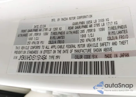 2025 Mazda Cx-90 3.3 Turbo Select Package из США, поврежденный, VIN JM3KKAHDXS1191494